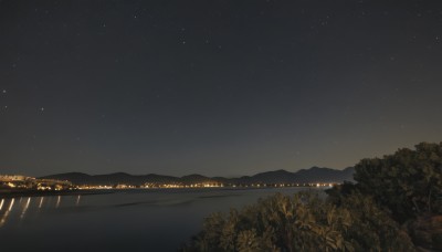 outdoors,sky,water,tree,no humans,night,star (sky),nature,night sky,scenery,forest,starry sky,reflection,mountain,horizon,river,landscape,mountainous horizon,lake,plant,shore,city lights,hill