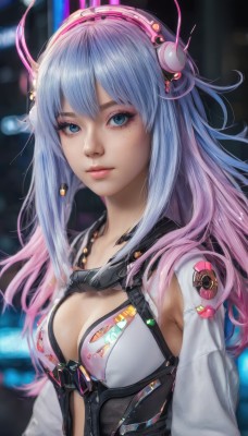 1girl,solo,long hair,breasts,looking at viewer,bangs,blue eyes,cleavage,medium breasts,closed mouth,blue hair,upper body,pink hair,multicolored hair,artist name,blurry,two-tone hair,lips,clothing cutout,eyelashes,bodysuit,gradient hair,makeup,depth of field,blurry background,headphones,cleavage cutout,eyeshadow,freckles,science fiction,pink lips,realistic,nose,small breasts,headgear,cyberpunk