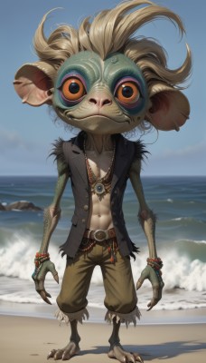 solo,looking at viewer,1boy,navel,jewelry,standing,full body,male focus,outdoors,open clothes,sky,shorts,barefoot,day,belt,pants,water,necklace,vest,bracelet,blue sky,orange eyes,open shirt,colored skin,ocean,beach,ring,monster girl,claws,furry,colored sclera,sand,brown pants,open vest,talons,digitigrade,blonde hair,animal ears,closed mouth,fingernails,torn clothes,no humans,buttons,abs,horizon,unbuttoned,bangle,brown belt,furry male,yellow sclera,tooth necklace