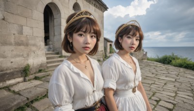 breasts,looking at viewer,short hair,bangs,multiple girls,brown hair,shirt,dress,2girls,cleavage,brown eyes,jewelry,closed mouth,collarbone,white shirt,upper body,short sleeves,hairband,earrings,outdoors,parted lips,sky,day,puffy sleeves,belt,cloud,water,necklace,white dress,blue sky,puffy short sleeves,lips,siblings,ocean,cloudy sky,tiara,sisters,building,scenery,stairs,realistic,wall,hat,small breasts