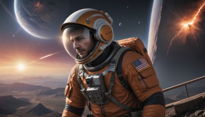 solo,brown hair,1boy,upper body,male focus,sky,bag,facial hair,moon,backpack,helmet,star (sky),beard,science fiction,mountain,realistic,mustache,sun,space,planet,earth (planet),american flag,spacecraft,spacesuit,japanese flag,astronaut,space helmet,united states