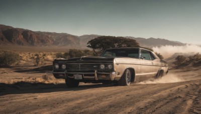 outdoors,sky,day,tree,blue sky,no humans,ground vehicle,nature,scenery,motor vehicle,mountain,car,road,vehicle focus,mountainous horizon,desert,dust,truck,landscape,driving,sports car