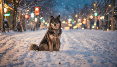 looking at viewer, outdoors, sky, blurry, tree, no humans, night, depth of field, animal, scenery, snow, dog, lantern, snowing, animal focus, winter, paper lantern