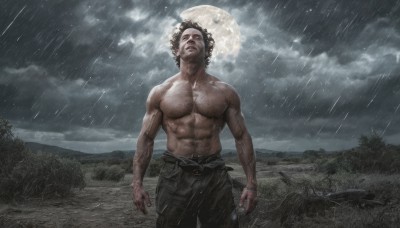 solo,black hair,1boy,jewelry,standing,male focus,cowboy shot,outdoors,sky,belt,pants,sword,cloud,tree,wet,muscular,night,scar,black pants,abs,moon,cloudy sky,pectorals,muscular male,nature,full moon,rain,topless male,realistic,arms at sides,navel