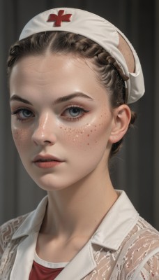 1girl,solo,looking at viewer,short hair,blue eyes,simple background,brown hair,shirt,hat,jacket,braid,parted lips,lips,grey eyes,blood,red shirt,portrait,forehead,freckles,realistic,nose,nurse cap,red lips,nurse,white shirt,eyelashes,red cross