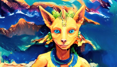 HQ,solo,looking at viewer,blue eyes,1boy,animal ears,jewelry,upper body,earrings,water,necklace,collar,no humans,mask,furry,monster,closed mouth,male focus,portrait,mountain,gold