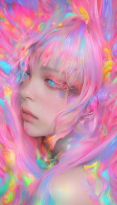 1girl,solo,long hair,bangs,blue eyes,closed mouth,pink hair,multicolored hair,pink eyes,from side,lips,eyelashes,heterochromia,portrait,freckles,nose,colorful,bare shoulders,parted lips,glowing,close-up,colored sclera,abstract