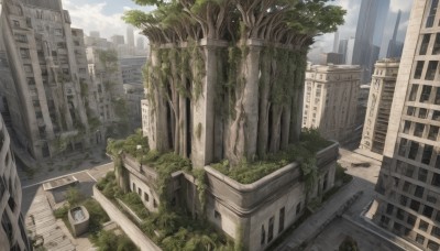 outdoors,sky,day,cloud,tree,no humans,window,plant,ground vehicle,building,scenery,motor vehicle,city,car,road,cityscape,ruins,street,skyscraper,overgrown,post-apocalypse,blue sky,cloudy sky,real world location