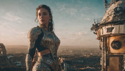 1girl,solo,long hair,breasts,brown hair,black hair,jewelry,closed mouth,weapon,earrings,outdoors,sky,day,cloud,armor,blurry,lips,looking to the side,ocean,looking away,shoulder armor,scenery,breastplate,realistic,watercraft,looking afar,ship,looking at viewer,brown eyes,parted lips,water,cloudy sky,gauntlets,pauldrons,fantasy,horizon