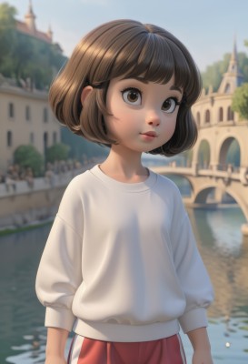 1girl,solo,looking at viewer,short hair,bangs,brown hair,shirt,long sleeves,brown eyes,closed mouth,standing,white shirt,outdoors,sky,day,pants,water,blurry,sweater,tree,blue sky,lips,depth of field,blurry background,bob cut,thick eyebrows,building,child,arms at sides,female child,white sweater,red shorts,river,lake,upper body,shorts,eyelashes,bridge,castle