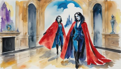 1girl,breasts,smile,blue eyes,multiple girls,black hair,gloves,2girls,jewelry,boots,black gloves,pants,cape,makeup,mask,colored skin,formal,suit,lipstick,pale skin,dual persona,curly hair,red cape,candle,vampire,animification,black lips,long hair,looking at viewer,cleavage,medium breasts,weapon,choker,sword,indoors,hood,black footwear,vest,traditional media,knee boots,clock,red lips,painting (medium),superhero,castle