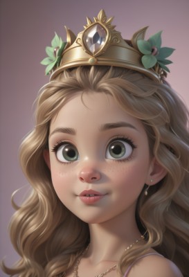 1girl,solo,long hair,looking at viewer,blonde hair,simple background,brown hair,hair ornament,bare shoulders,jewelry,green eyes,collarbone,earrings,parted lips,teeth,necklace,lips,eyelashes,leaf,wavy hair,tiara,crown,gem,portrait,freckles,nose,smile,flower,artist name,hair flower,thick eyebrows,realistic