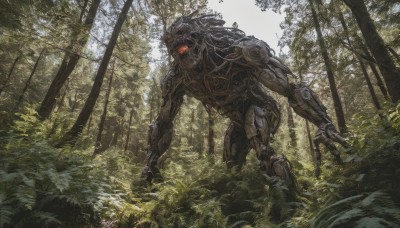 solo,red eyes,outdoors,day,tree,no humans,glowing,robot,nature,scenery,mecha,glowing eyes,forest,science fiction,realistic,glowing eye,non-humanoid robot,weapon,gun,grass,plant,monster,alien