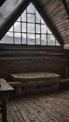 outdoors,sky,day,cloud,indoors,tree,no humans,window,chair,table,cloudy sky,building,scenery,wooden floor,wall,ruins,brick wall,wood,rain,cityscape,bare tree,wooden table,wooden chair