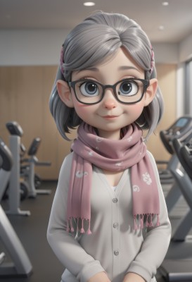 1girl,solo,looking at viewer,smile,short hair,hair ornament,long sleeves,closed mouth,upper body,grey hair,glasses,hairclip,indoors,scarf,blurry,black eyes,lips,grey eyes,buttons,depth of field,blurry background,cardigan,animal print,child,black-framed eyewear,female child,pink scarf,blush,blue eyes,black hair,pointy ears