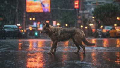 outdoors, blurry, no humans, night, depth of field, blurry background, animal, cat, ground vehicle, building, motor vehicle, rain, dog, city, car, road, street