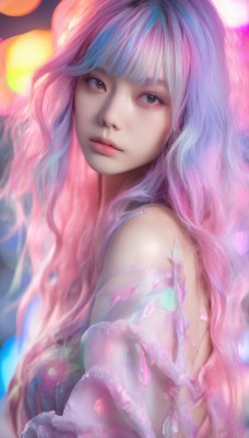 1girl,solo,long hair,looking at viewer,bangs,bare shoulders,closed mouth,blue hair,upper body,pink hair,multicolored hair,blunt bangs,blurry,black eyes,from side,lips,looking to the side,grey eyes,makeup,wavy hair,realistic,nose,dress,watermark