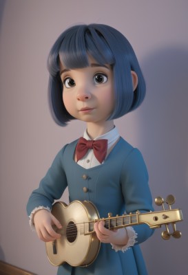 1girl,solo,looking at viewer,short hair,bangs,shirt,black hair,long sleeves,dress,bow,holding,brown eyes,closed mouth,blue hair,standing,white shirt,upper body,blunt bangs,bowtie,red bow,lips,buttons,blue dress,shadow,bob cut,instrument,red bowtie,child,realistic,nose,music,guitar,female child,playing instrument,holding instrument