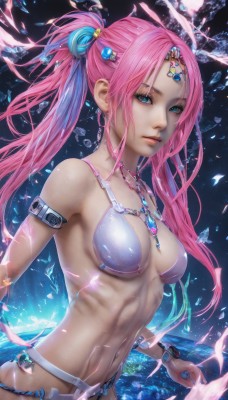 1girl,solo,long hair,breasts,looking at viewer,bangs,blue eyes,hair ornament,navel,cleavage,bare shoulders,twintails,jewelry,medium breasts,closed mouth,swimsuit,pink hair,bikini,multicolored hair,earrings,belt,necklace,stomach,nail polish,bracelet,aqua eyes,lips,parted bangs,abs,gem,bikini top only,armlet,toned,ice,circlet,crystal,realistic,nose,bikini armor,navel piercing,ribs,shell,seashell,upper body,ponytail,parted lips,revealing clothes,armband