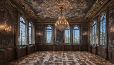 sky,day,cloud,indoors,tree,blue sky,no humans,window,sunlight,scenery,stairs,door,tiles,light,candle,architecture,tile floor,checkered floor,pillar,ceiling,hallway,church,arch,candlestand,ceiling light,chandelier,column,chair,table,fire,plant