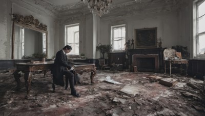 solo,short hair,bangs,shirt,black hair,long sleeves,1boy,holding,sitting,closed mouth,jacket,white shirt,male focus,necktie,shoes,day,pants,indoors,black footwear,cup,black jacket,book,window,chair,black pants,formal,table,suit,plant,instrument,scenery,black necktie,desk,paper,lamp,wide shot,picture frame,painting (object),piano,picture (object),chandelier,potted plant,carpet,candlestand