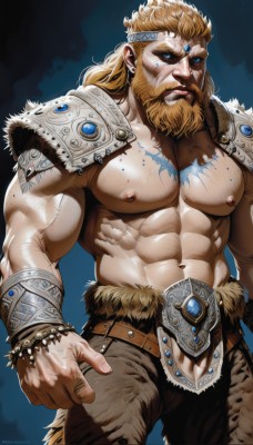 solo,long hair,looking at viewer,blue eyes,blonde hair,1boy,navel,jewelry,nipples,male focus,cowboy shot,earrings,belt,pants,artist name,stomach,armor,bracelet,tattoo,muscular,headband,glowing,facial hair,scar,piercing,abs,thick eyebrows,pectorals,muscular male,shoulder armor,ear piercing,bara,glowing eyes,beard,scar on face,large pectorals,veins,bulge,pauldrons,topless male,mature male,realistic,mustache,scar across eye,vambraces,bracer,nipple piercing,manly,bare pectorals,brown pants,shoulder pads,biceps,navel hair,nipple rings,single pauldron,crown,bodypaint