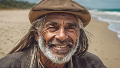 solo,long hair,looking at viewer,smile,shirt,1boy,hat,jacket,upper body,grey hair,male focus,outdoors,one eye closed,teeth,day,collared shirt,grin,blurry,depth of field,blurry background,facial hair,beach,portrait,beard,realistic,mustache,sand,brown headwear,manly,old,old man,cowboy hat,wrinkled skin,closed eyes,white hair,sky,water,ocean,happy,facing viewer,shore