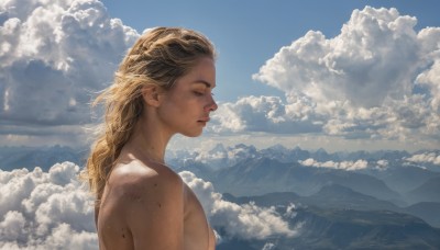 1girl,solo,long hair,breasts,blonde hair,closed mouth,closed eyes,upper body,nude,small breasts,outdoors,sky,day,cloud,from side,blue sky,lips,profile,cloudy sky,scenery,freckles,mountain,realistic,nose,mole,sunlight,mole on cheek,mole on body