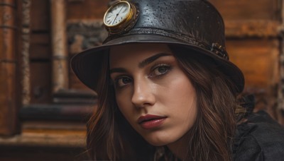 1girl,solo,long hair,looking at viewer,brown hair,hat,brown eyes,jacket,parted lips,blurry,black eyes,lips,grey eyes,makeup,depth of field,blurry background,helmet,lipstick,portrait,freckles,watch,realistic,red lips,teeth,eyelashes,close-up,nose