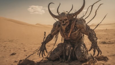 solo,looking at viewer,red eyes,1boy,male focus,outdoors,horns,sky,teeth,cloud,no humans,kneeling,glowing,glowing eyes,1other,skull,monster,sand,arrow (projectile),sepia,skeleton,desert,scenery,giant,alien,brown theme,dust