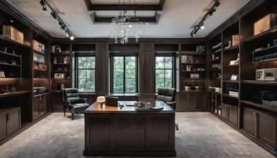 day,indoors,tree,cup,book,no humans,window,chair,table,sunlight,bottle,plant,box,scenery,couch,plate,wooden floor,door,clock,lamp,stool,shelf,ceiling,candlestand,ceiling light,cabinet,chandelier,desk,bookshelf,candle,painting (object)