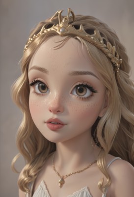 1girl,solo,long hair,looking at viewer,blonde hair,dress,bare shoulders,brown eyes,jewelry,upper body,parted lips,teeth,necklace,white dress,lips,eyelashes,wavy hair,tiara,portrait,forehead,freckles,realistic,blush,simple background,brown hair,collarbone,thick eyebrows,brown background,nose,princess