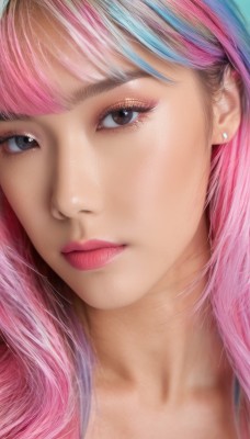 1girl,solo,long hair,looking at viewer,bangs,brown eyes,jewelry,closed mouth,blue hair,collarbone,pink hair,multicolored hair,earrings,black eyes,two-tone hair,lips,eyelashes,makeup,piercing,lipstick,portrait,close-up,eyeshadow,realistic,nose,stud earrings,mascara,blunt bangs,pink lips