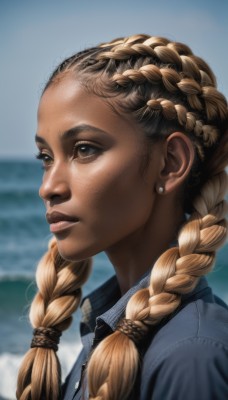 1girl,solo,long hair,blonde hair,brown hair,shirt,twintails,brown eyes,jewelry,upper body,braid,earrings,outdoors,parted lips,day,dark skin,blurry,twin braids,dark-skinned female,lips,depth of field,blurry background,portrait,zipper,freckles,realistic,nose,stud earrings,looking afar,multiple braids,jacket,sky,artist name,signature,from side,eyelashes,ocean