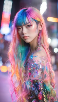 1girl,solo,long hair,looking at viewer,bangs,jewelry,closed mouth,blue hair,upper body,pink hair,purple hair,multicolored hair,earrings,blunt bangs,blurry,black eyes,from side,lips,tattoo,gradient hair,makeup,depth of field,blurry background,watermark,web address,realistic,nose,bokeh,colorful,cyberpunk,rainbow hair,bare shoulders,brown eyes,nail polish,two-tone hair,eyelashes,wavy hair,eyeshadow,mascara