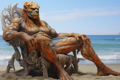 solo,1boy,sitting,full body,male focus,outdoors,horns,sky,barefoot,teeth,day,water,orange hair,blue sky,no humans,colored skin,ocean,chair,beach,claws,skull,monster,sand,scales,alien,long hair,cloud,fangs,throne