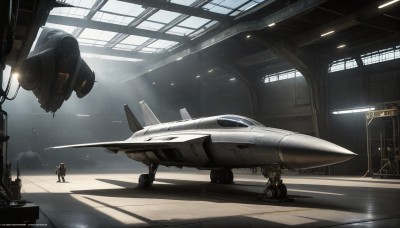 HQ,1boy,multiple boys,indoors,signature,military,shadow,sunlight,helmet,scenery,science fiction,light rays,realistic,aircraft,military vehicle,airplane,light,multiple others,vehicle focus,spacecraft,jet,fighter jet,standing,ambiguous gender