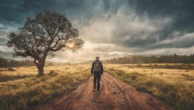 solo,short hair,1boy,standing,jacket,male focus,red hair,outdoors,sky,day,pants,cloud,bag,from behind,tree,black jacket,black pants,sunlight,backpack,cloudy sky,grass,nature,scenery,walking,mountain,road,wide shot,mountainous horizon,path,hat,hoodie,baseball cap,realistic,field,landscape