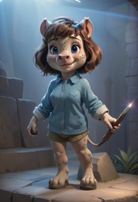 1girl,solo,looking at viewer,smile,short hair,blue eyes,brown hair,shirt,holding,animal ears,closed mouth,standing,tail,full body,weapon,shorts,barefoot,collared shirt,artist name,watermark,sunlight,blue shirt,child,furry,sleeves rolled up,freckles,furry female,female child,dirty,brown shorts,snout,mouse ears,mouse tail