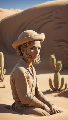 solo,blonde hair,shirt,gloves,long sleeves,1boy,hat,brown eyes,sitting,closed mouth,white shirt,male focus,outdoors,sky,day,hair bun,blue sky,facial hair,single hair bun,beard,mustache,sand,old,old man,desert,cactus,wheat,1girl,looking at viewer,braid,from side,lips,grass,french braid,realistic,nose,cowboy hat