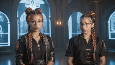 long hair,looking at viewer,bangs,multiple girls,brown hair,shirt,2girls,brown eyes,jewelry,closed mouth,jacket,upper body,braid,short sleeves,multicolored hair,earrings,open clothes,glasses,pants,indoors,dark skin,necklace,hair bun,twin braids,two-tone hair,open jacket,lips,black jacket,black shirt,window,single braid,tattoo,siblings,single hair bun,sisters,dual persona,freckles,twins,round eyewear,black hair,orange hair,mole,black eyes,dark-skinned female,grey eyes,double bun,gradient hair,makeup,forehead,hair behind ear,very dark skin,purple-framed eyewear