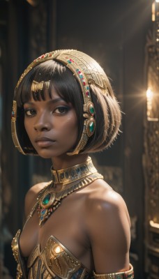 1girl,solo,breasts,looking at viewer,short hair,bangs,black hair,cleavage,bare shoulders,brown eyes,jewelry,upper body,small breasts,parted lips,indoors,dark skin,blunt bangs,necklace,blurry,black eyes,dark-skinned female,lips,blurry background,bob cut,gem,armlet,realistic,nose,headdress,neck ring,very dark skin,egyptian,egyptian clothes,gorget,hair ornament,collarbone,shiny,headgear,gold