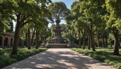 outdoors,sky,day,cloud,tree,blue sky,no humans,shadow,sunlight,grass,building,nature,scenery,forest,stairs,road,bench,bush,shade,dappled sunlight,path,tree shade,plant,architecture,house,statue,shrine,stone lantern