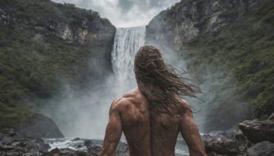 solo, long hair, 1boy, male focus, nude, outdoors, sky, cloud, water, from behind, tree, wet, back, scenery, mountain, facing away, waterfall