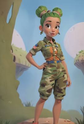 1girl,solo,breasts,looking at viewer,smile,short hair,shirt,brown eyes,jewelry,closed mouth,standing,jacket,full body,short sleeves,earrings,small breasts,boots,outdoors,green hair,shoes,shorts,day,belt,pants,dark skin,hair bun,uniform,dark-skinned female,tree,lips,hand on hip,military,double bun,military uniform,thick eyebrows,grass,red footwear,sneakers,freckles,pocket,breast pocket,camouflage,camouflage jacket,hair ornament,sky,bandaid,mushroom