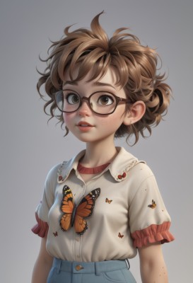 1girl,solo,breasts,looking at viewer,blush,short hair,simple background,brown hair,shirt,brown eyes,white shirt,upper body,short sleeves,small breasts,frills,parted lips,glasses,teeth,collared shirt,pants,grey background,lips,buttons,bug,denim,frilled sleeves,messy hair,butterfly,child,freckles,black-framed eyewear,curly hair,frilled shirt collar,jeans,round eyewear,arms at sides,female child,shirt tucked in,bangs,skirt,white background,eyelashes,realistic,nose