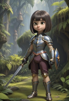 1girl,solo,looking at viewer,short hair,bangs,brown hair,holding,closed mouth,green eyes,standing,full body,weapon,boots,outdoors,shorts,pants,sword,blunt bangs,holding weapon,armor,tree,lips,holding sword,bob cut,plant,shoulder armor,gauntlets,child,nature,forest,pauldrons,shield,breastplate,fantasy,female child,armored boots,greaves,castle,knight,holding shield,plate armor,black hair