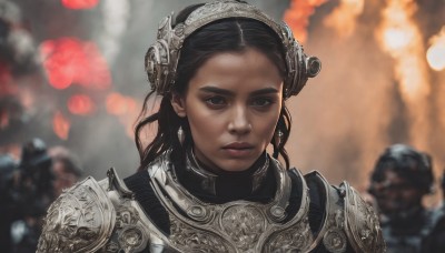 1girl,long hair,looking at viewer,black hair,brown eyes,jewelry,closed mouth,upper body,earrings,multiple boys,solo focus,armor,mole,blurry,black eyes,lips,depth of field,blurry background,helmet,shoulder armor,portrait,pauldrons,breastplate,realistic,soldier,gorget,plate armor,hairband