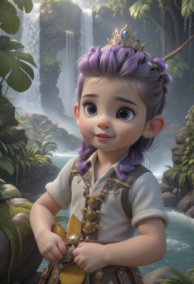 1girl,solo,long hair,smile,blue eyes,shirt,hair ornament,jewelry,purple eyes,white shirt,purple hair,braid,flower,short sleeves,earrings,outdoors,parted lips,teeth,day,water,twin braids,tree,lips,wet,leaf,tiara,crown,plant,child,nature,freckles,female child,stud earrings,waterfall,looking at viewer,blush,holding,upper body,artist name,hair flower,bag,bell,watermark,hair over shoulder,rock,branch