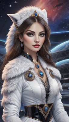 1girl,solo,long hair,breasts,looking at viewer,brown hair,long sleeves,dress,animal ears,cleavage,brown eyes,jewelry,medium breasts,upper body,earrings,cat ears,necklace,white dress,lips,coat,grey eyes,fur trim,makeup,lipstick,brooch,gem,star (sky),corset,pendant,realistic,white coat,red lips,space,planet,earth (planet),bangs,hat,artist name,parted bangs,eyelashes,eyeshadow,starry sky,nose